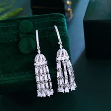 Heavy Work CZ Long Dangle Water Drop Tassel Chandelier Bridal Luxury Earrings