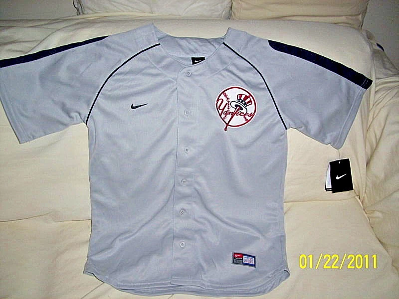 nike ny yankees youth jersey sewn gray blue new lets go yankees clap clap  clap