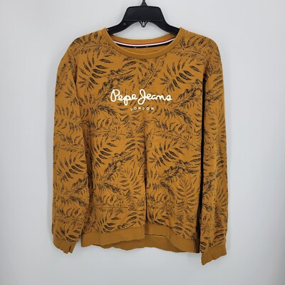 Pepe Jeans Sweatshirt Mens Large Brown Leaf Print Logo Crew Neck Long Sleeve
