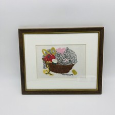 Handmade Embroidery Cat In A Basket Framed Vintage