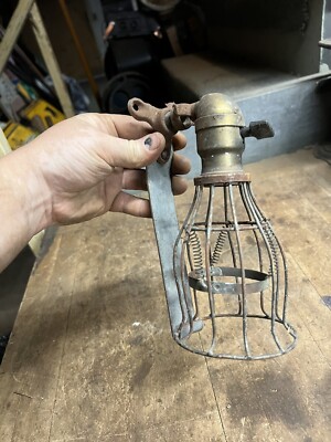 Antique Old Electric Industrial Light Lamp Fixture Wire Squirrel Cage Shade USA