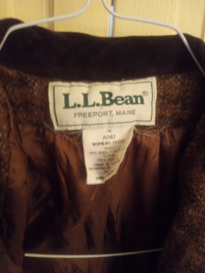 Abrigo largo de lana marrón LL Bean de colección para mujer talla mediana pequeña pata de gallo Foto 4 de 4