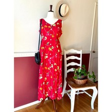 Vintage Express Red Floral Maxi Dress 90s Rayon Button Front Size 9/10 Summer