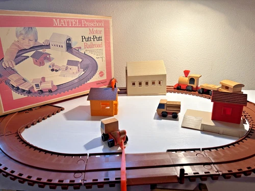 Mattel Preschool Motor Putt Putt Railroad Set 1972 Wood Plastic 20 Pc Vintage