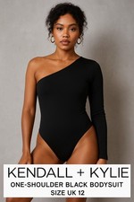 Kendall Kylie Black One-Shoulder Bodysuit UK12 L Asymmetric Chic Top Night Out