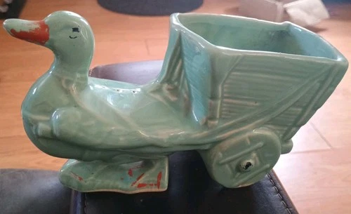 Vintage Turquoise Green Blue McCoy Duck Pulling Cart Planter Vase