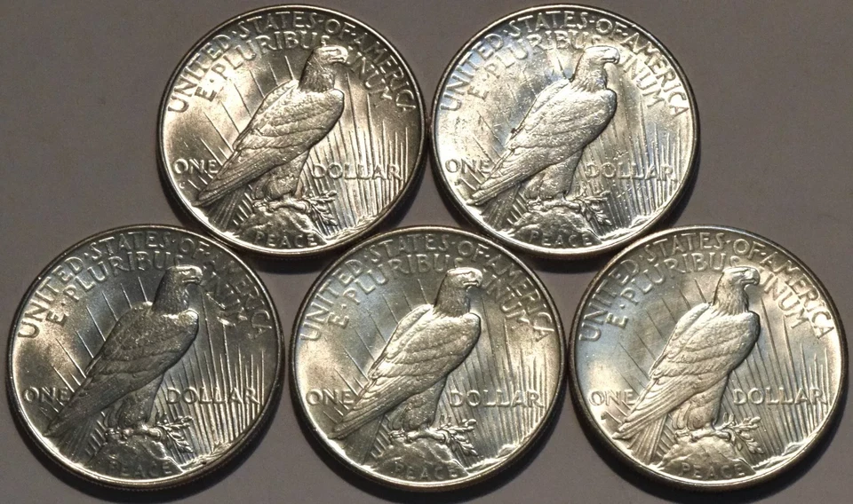 1921-1935 Roll of 5 Peace Silver Dollars - Uncirculated Gem BU - Bullion Silver - Image 2 of 2