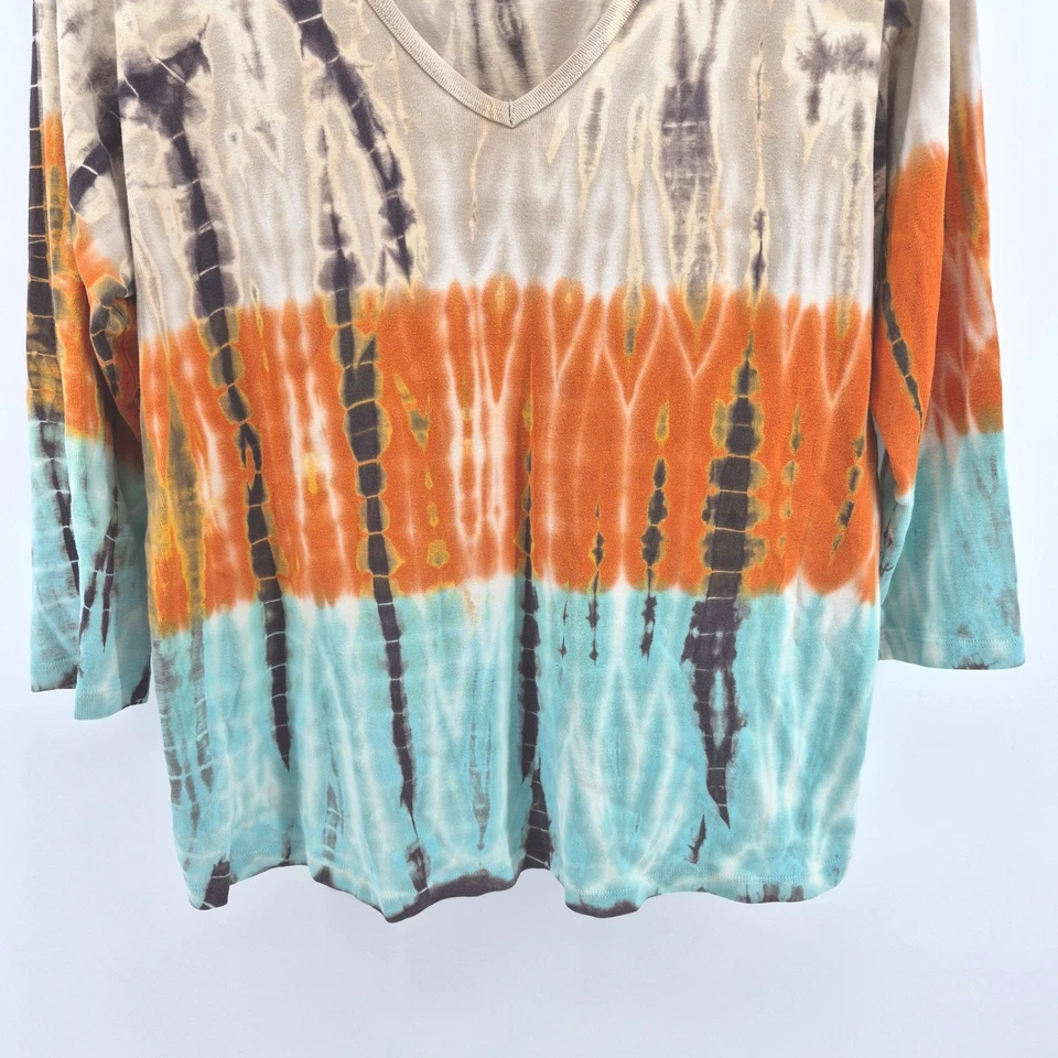 Vtg Y2K Tryst by Mathew 1X Tie Dye Cotton Top Long Sleeve Boho Hippie USA Brown - Image 3 of 4