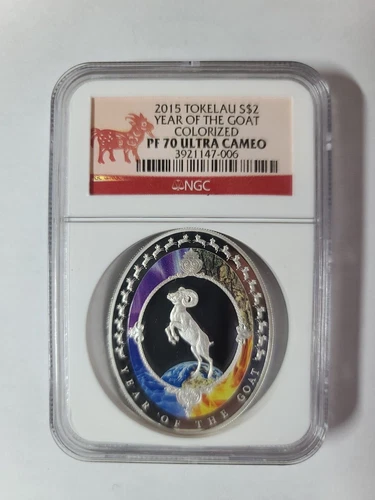 2015 Tokelau $2 Lunar Year of The Goat 1oz Silver Colorized Coin NGC PF70 UCAM