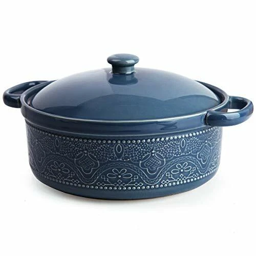 Fe Fun Elements Fe Casserole Dish, 2 Quart Round Ceramic Bakeware with Cover, Lace Emboss Baking Dish for Dinner, Banquet and Party (Blue)