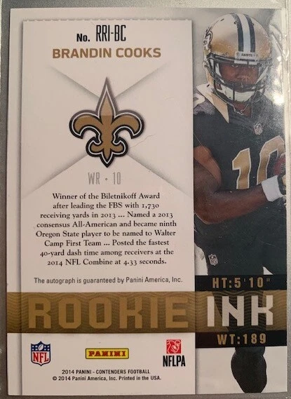 2014 Panini Contenders Brandin Cooks ( Saints ) Rookie Ink Auto RRI-BC - Image 2 of 2