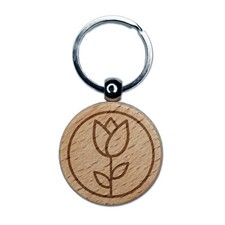 Tulip Flower in Circle Engraved Wood Round Keychain Tag Charm