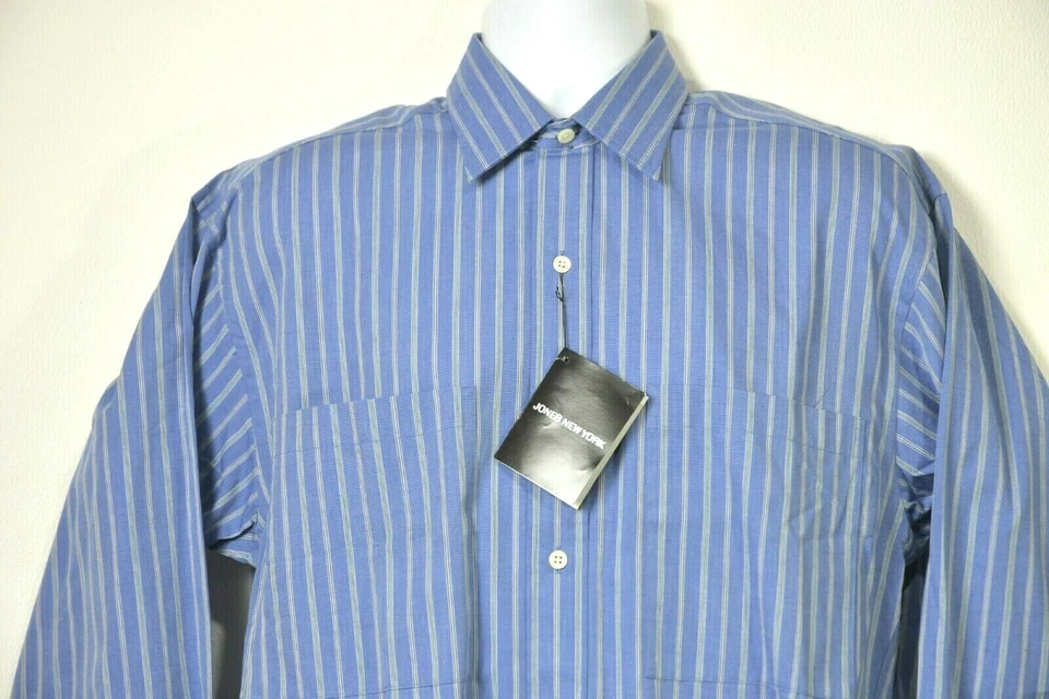 ☑️NEW~JONES NEW YORK Men`s SHIRT~Stripes White/Blue Cotton Long Sleeve 15-32/33 Foto 2 de 4