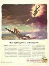 1943 WW2 Ad VEEDOL Aviation Oil art, P-38 Lightning downs a Me 109 010121
