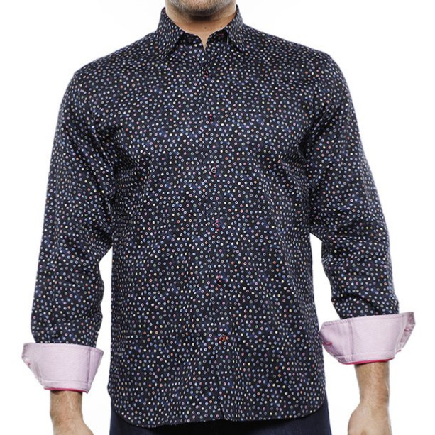 Luchiano Visconti, Черные мужские брюки с длинным рукавом из темно-синего атласа с многоцветным принтом в горошек,M