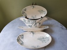 Faïence Creil Montereau Terre de Fer XIX è Sauciere + 2 Raviers Service Cerisier