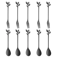 Stainless Steel Black Leaf Coffee Spoon Cake Fork-10 Pcs Creative Tableware D...