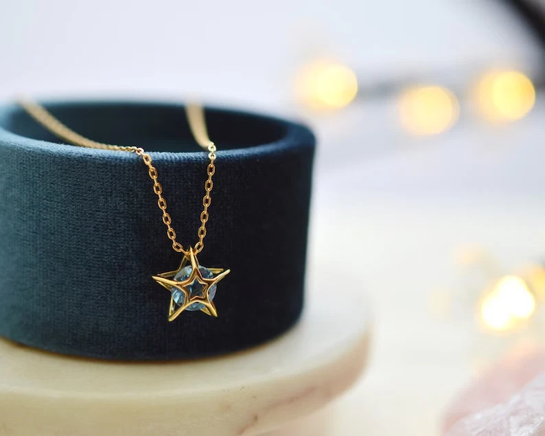 Blue topaz Star Pendant, gold plated 925 silver pendant Birthday gift for her - Image 3 of 4