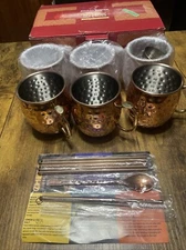 MOSCOW MULE MUGS Hammered Cups Jigger/Stir Bar Set Steel Copper Plating Set of 6