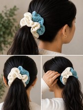 Handmade Crochet Hair Scrunchie Ribbon Pony Tail Holder Autumn Leaves Pattern