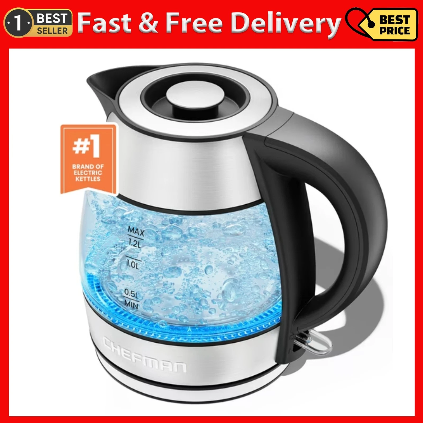 Chefman Rapid Boil 1.2L Electric Tea Kettle with Removable Lid - Stainless Steel