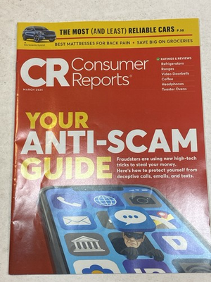 #ad Consumer Reports Magazine Mar 2025 Anti Scam Guide Mattresses for Back Pain Cars $9.99