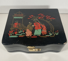 Vintage Asian Wooden Silverware Box Black Lacquer Red Felt Lined Dovetail Corner