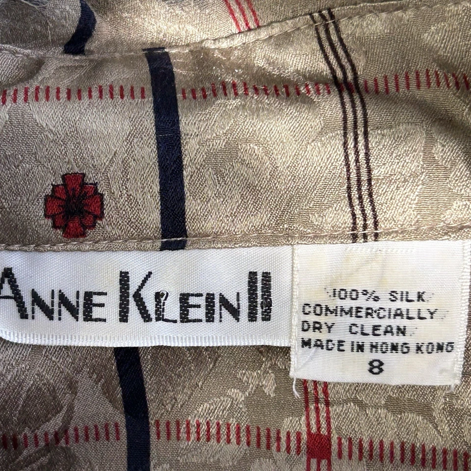 Blusa geométrica vintage Anne Klein II 100 % seda a cuadros Academia dorada tostada 8 Foto 2 de 4