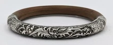 CHINESE ANTIQUE REPOUSSE SILVER & BAMBOO BRACELET BANGLE c1900