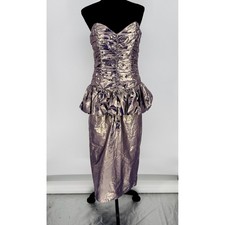 Vtg 80s Gunne Sax Jessica McClintock Metallic Peplum Dress Strapless Bow Size S