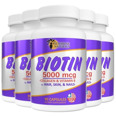 Sunshine Naturals Biotin. 5000 mcg. 90 Caps, Pack of 5