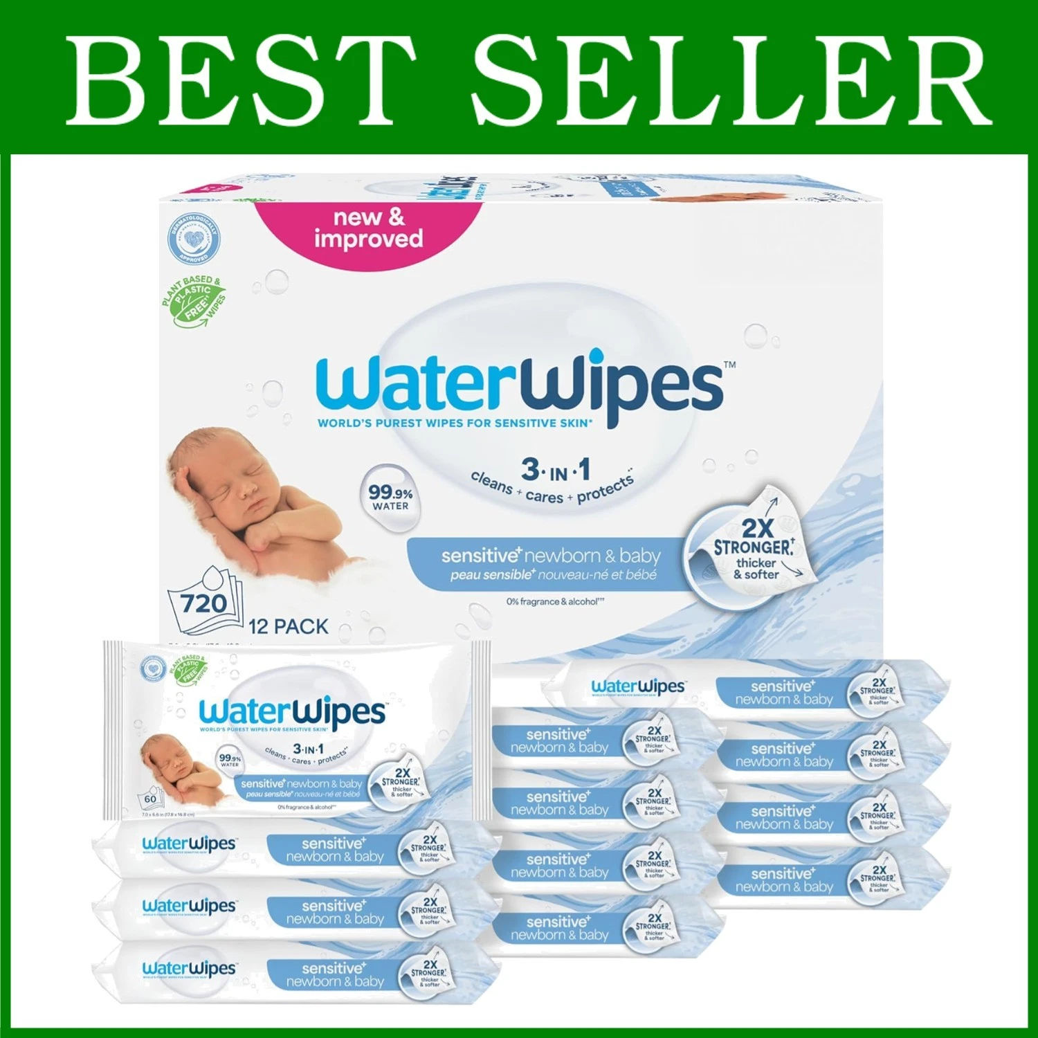 Pure Water Baby Wipes, Plastic-Free, 99.9% Water, 12 Packs