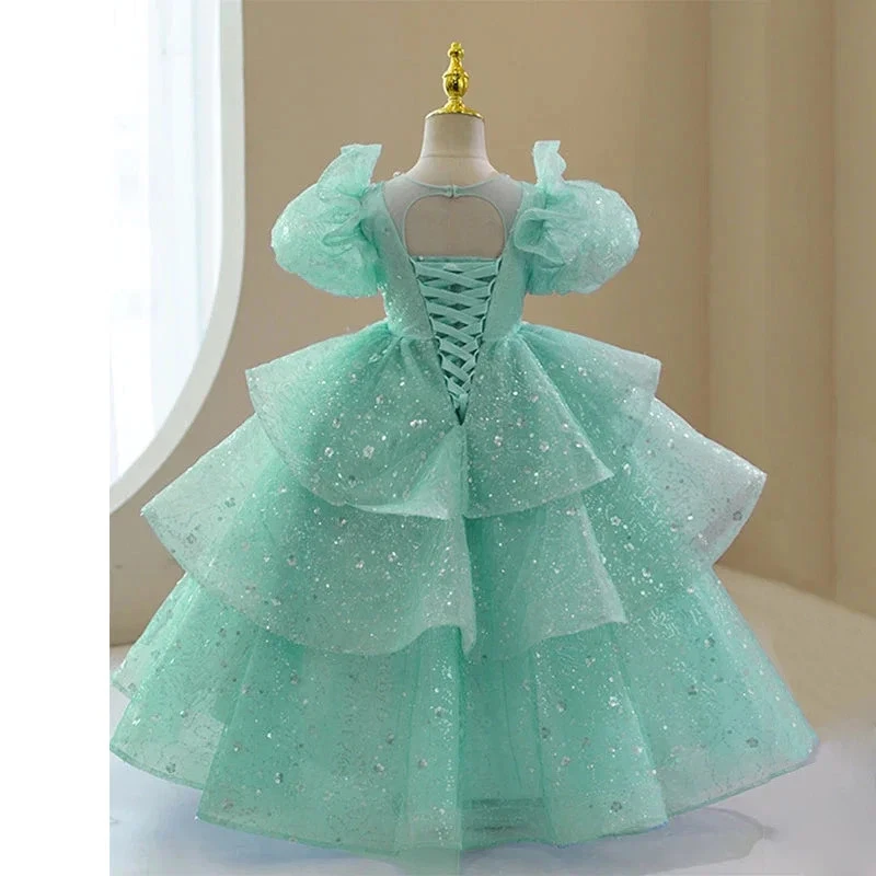 Puff Sleeve Girl Dress Toddlers Tulle Princess Pageant Sparkly Party Gown - Image 3 of 4
