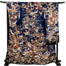 Vintage Japanese Silk Furisode Kimono Navy Crane Carriage Gold