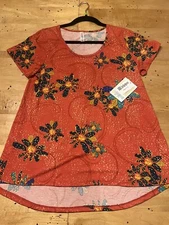LULAROE CLASSIC T - New- Small- Reddish Orange With Multicolored Green Flowers