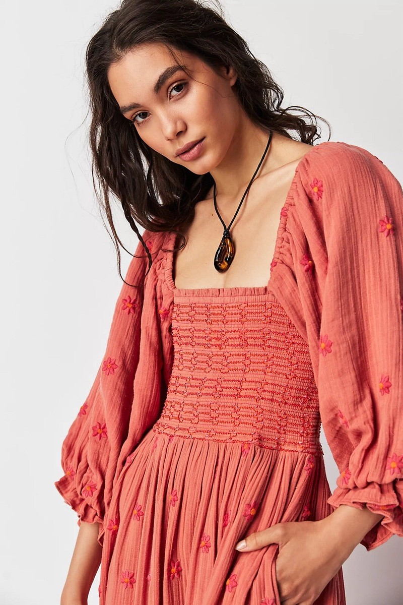 NEW FREE PEOPLE Sz XS DAHLIA EMBROIDERED MAXI DRESS IN MELON