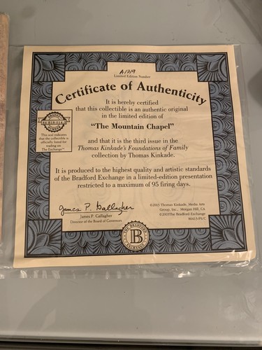 Vintage Thomas Kinkade The Mountain Chapel Ceramic Plate Bradford Exc. NIB - Picture 9 of 9