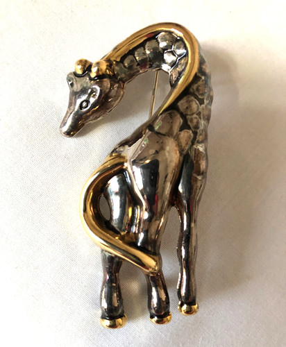 Giraffe Pin Brooch Pendant Two Tone Silver Gold Safari Animal Estate Vintage