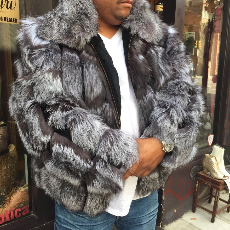 Mens Real Fox Fur Coat Genuine Sheep Leather Bomber Hood Lapel Jackets Outwear - Image 3 of 4
