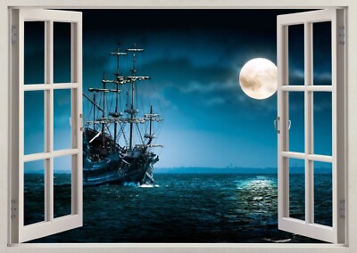 Mond Nacht Natur Ozean Meer Schiff Boot 3D Effekt zerschlagen Wandaufkleber Poster Z413