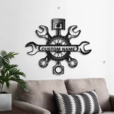 Personalized Garage Metal Sign with LED Lights, Mechanic Gift, Dad's Decor