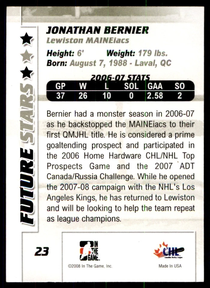 2008-09 In The Game Between the Pipes Jonathan Bernier Manchester Monarchs #23 - Image 2 of 2
