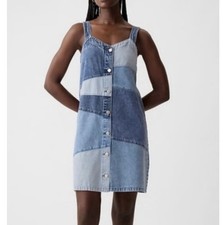 GAP Boho Patchwork Denim Mini Dress Button Up 100% Cotton Light/Med/Dark S