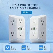 Wall Outlet Extender 6 AC Outlets 2 USB 2 USB-C Surge Protector Adapter