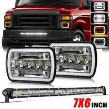 Fit Ford E-150 E-250 2003-2014 Van 2PCS 7x6'' LED Headlights DRL+20'' Light Bar
