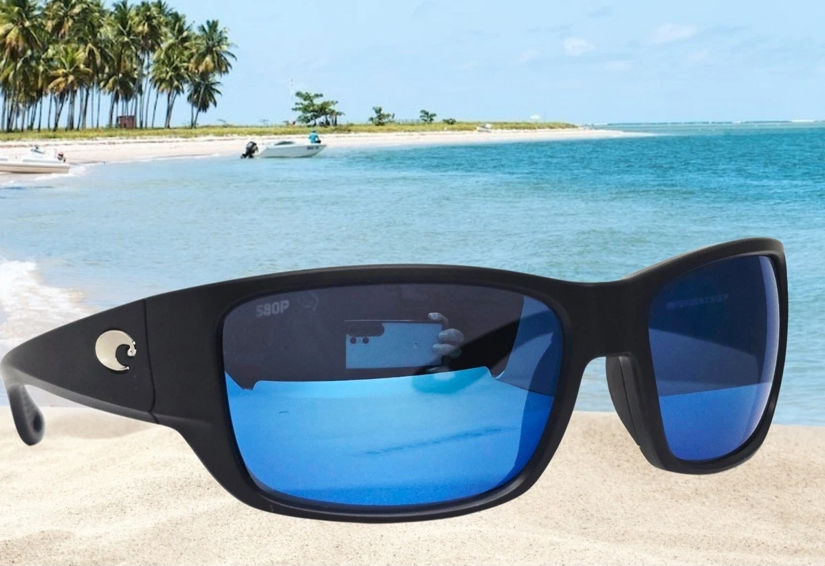 Costa del Mar Sonnenbrille schwarz/blau verspiegelt SCHOOLIE polarisiert 580P NEU (Erwachsene S)