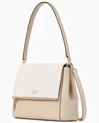 Kate Spade Leila Medium Flap Shoulder Bag Beige White Leather K6762 NWT $399 FS