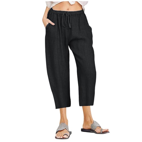 Women Casual Solid Cotton Linen Drawstring Elastic Waist Cropped Capri Pants - Picture 20 of 45