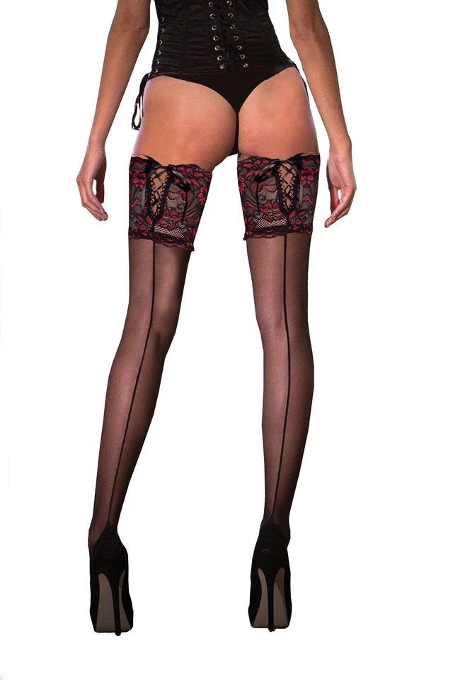 Bas Voile Noir Couture Dentelle Motif Floral Rouge Lacet AutoFixant - Taille ...