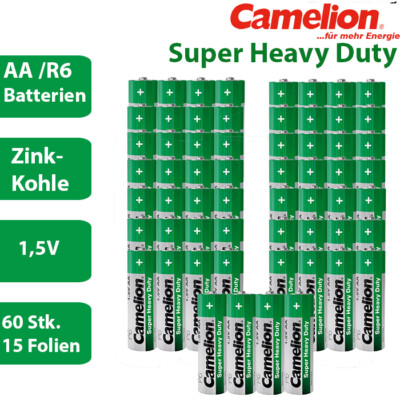60 x Camelion R6 AA Mignon Batterie Super Heavy Duty 1,5V - Folie- Zink Kohle R6